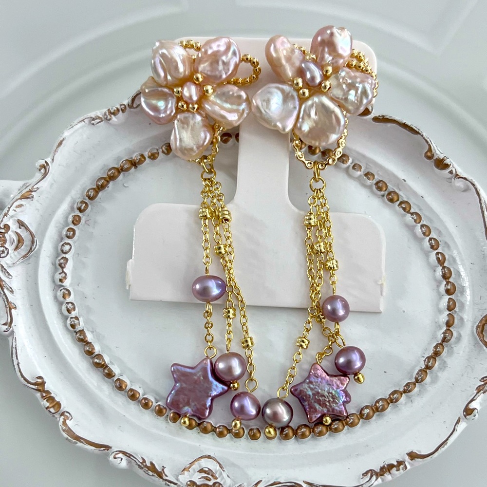 Handmade Freshwater Keshi Pearl Pink Flower 🌺 Purple Star ⭐️ Earrings - Picture 1 of 2
